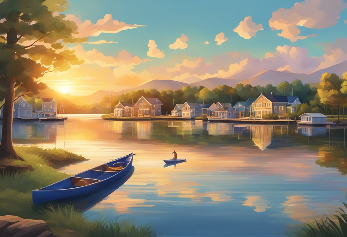 The sun sets over the serene lake, with boats and kayaks dotting the water. The town of Russells Point is nestled in the background, surrounded by lush greenery